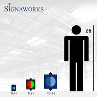 'Signaworks' branded graphic depicting  an 8 in bi-color traffic light relative to a 6 foot human.