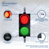 'Signaworks' branded 8 Inch traffic light graphic depicting LED quality, mounting hardware, housing construction and wiring terminals.