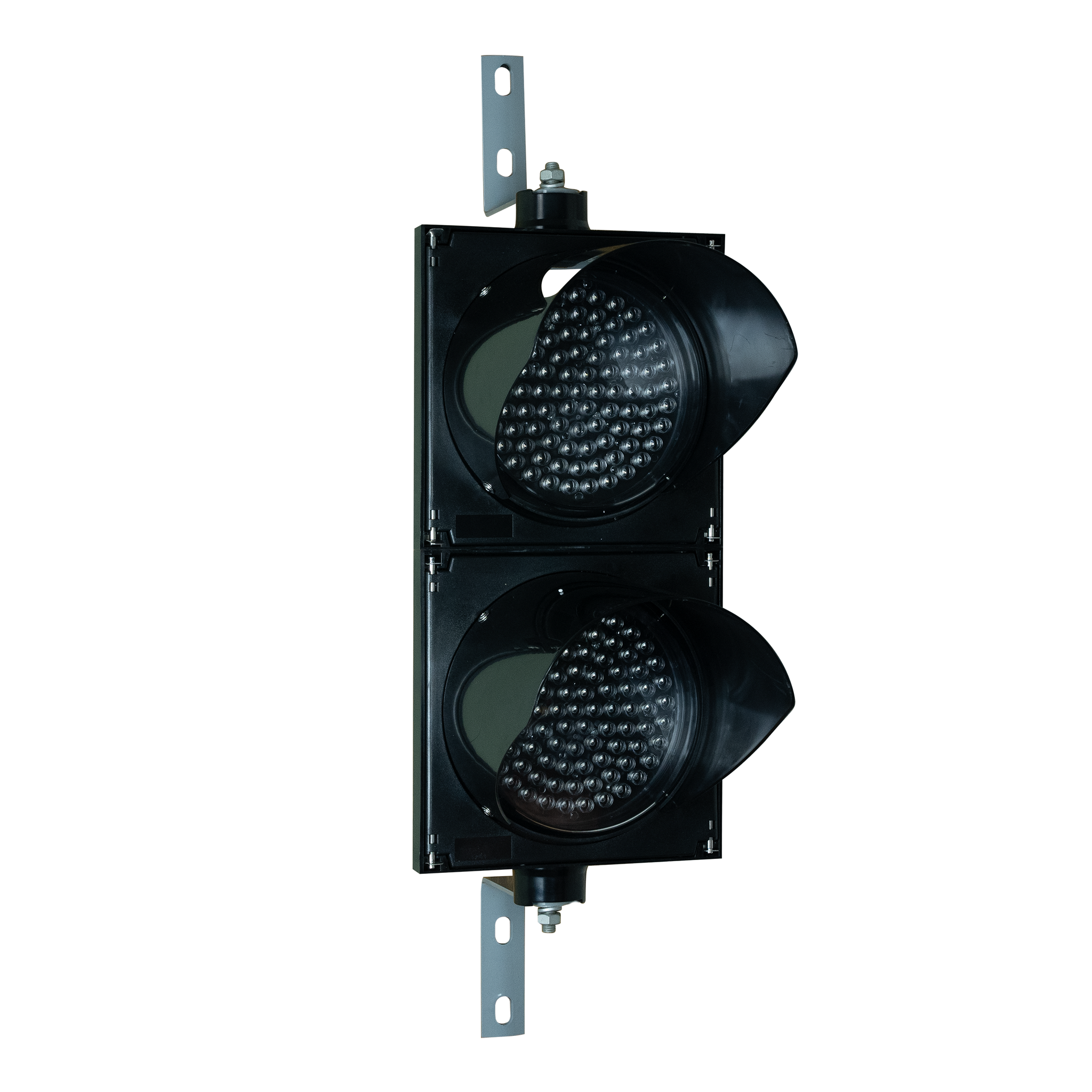 Side of dual 8 inch traffic light with mounting brackets on a white background.