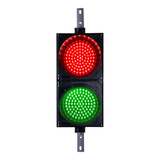 8 inch traffic light illuminated in red and green on a white background.