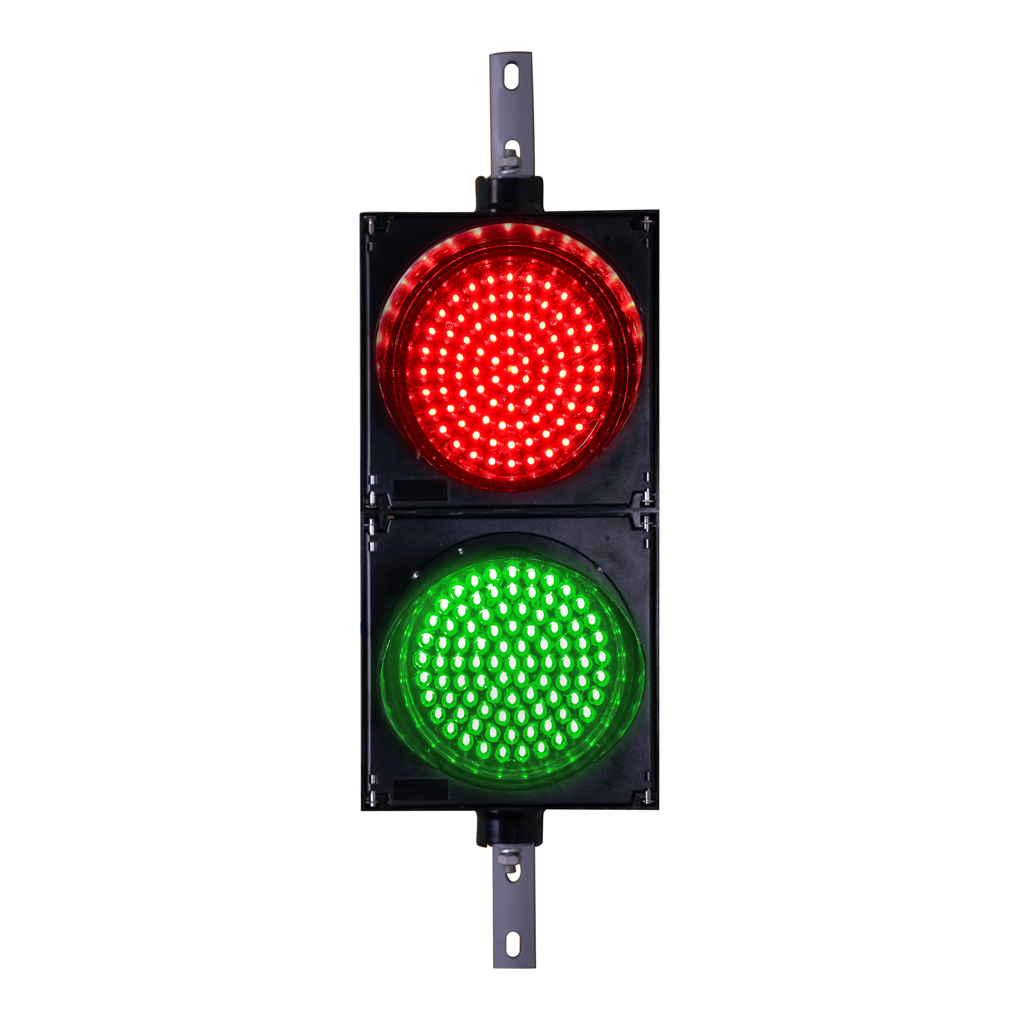 8 inch traffic light illuminated in red and green on a white background.