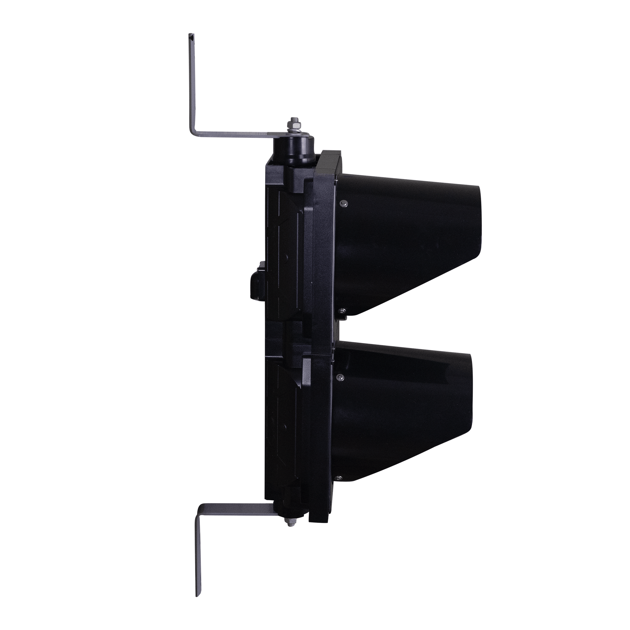 Dual black 8 inch traffic light with mounting brackets on a white background