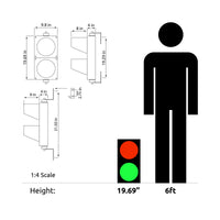Diagram showing dimensions of a traffic light and a person, with a scale indicating height equivalence.