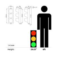'Signaworks' 8 inch 3-color traffic light dimensions and relative height to 6 foot human.