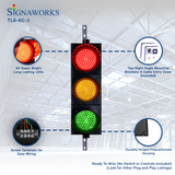 'Signaworks' 8 inch 3-color traffic light graphic featuring LED quality, mounting hardware, wiring terminals and housing construction.
