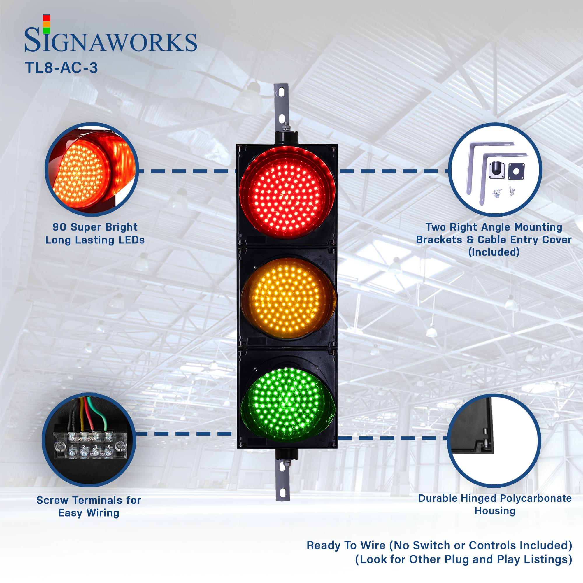 'Signaworks' 8 inch 3-color traffic light graphic featuring LED quality, mounting hardware, wiring terminals and housing construction.