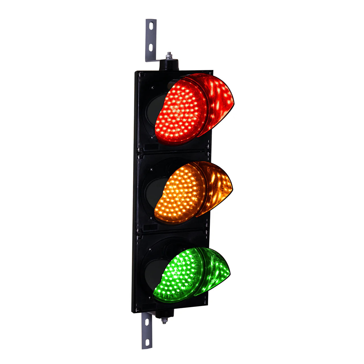 A vertical LED traffic light with three lenses, featuring red, amber, and green lights, mounted on a black housing with a mounting bracket on top and bottom.