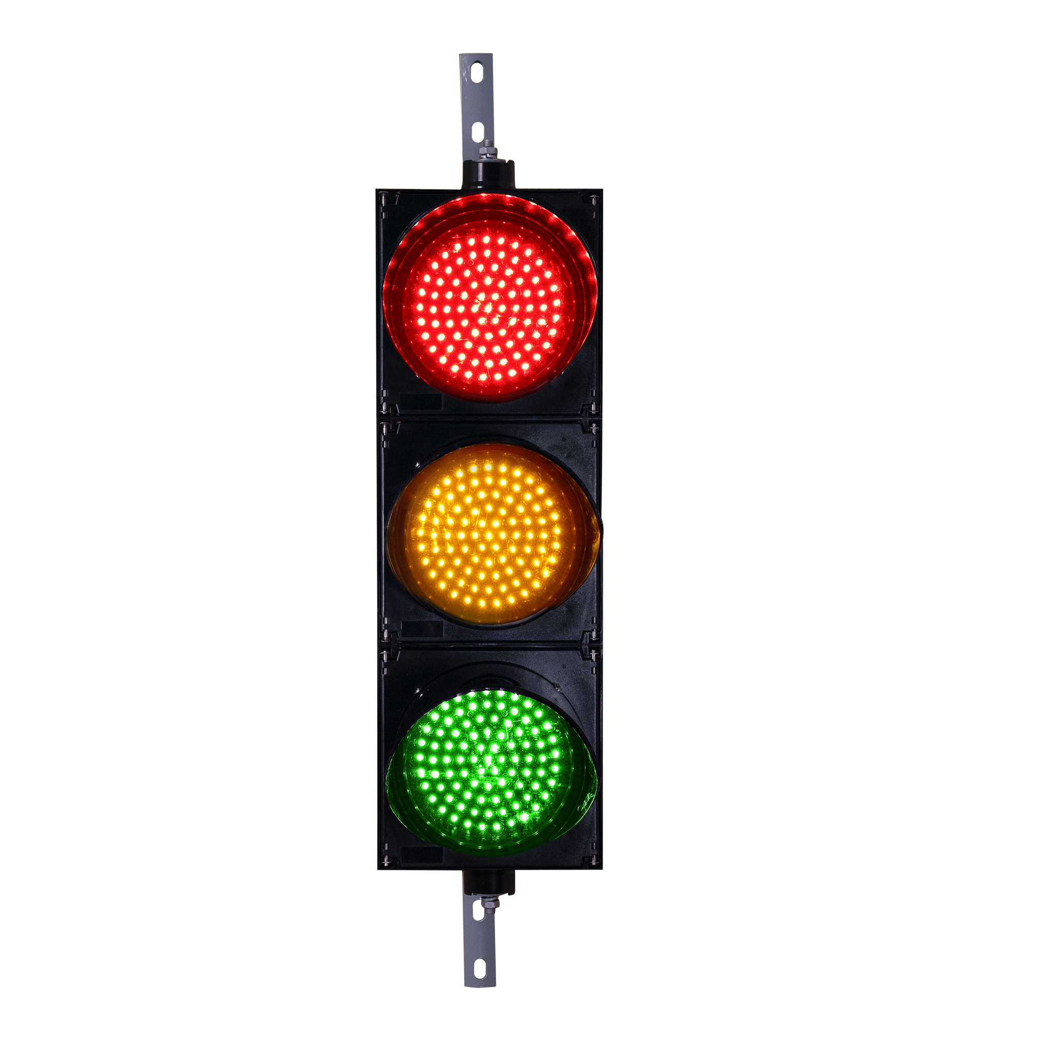 Triple 8 inch red, amber and green wireless traffic light with black key fob set on a white background.