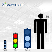 'Signaworks' branded graphic showing triple 8 inch traffic light relative to a 6 foot human.