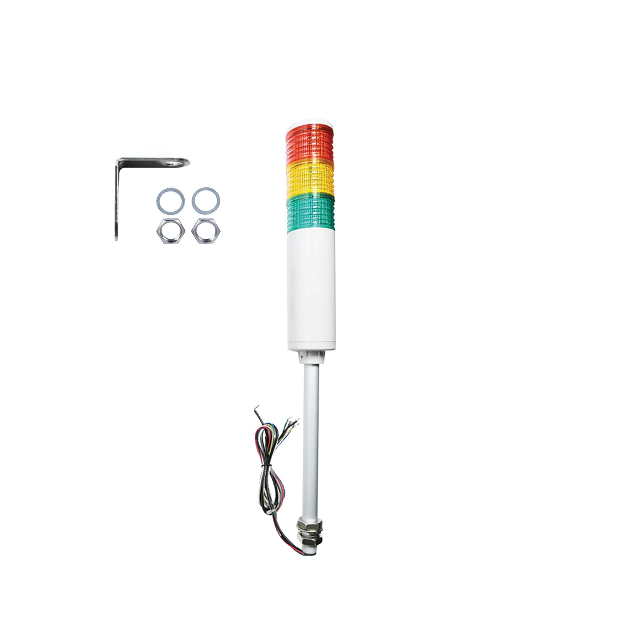 Three-color industrial signal light with mounting hardware; Red-Amber-Green on a white background.