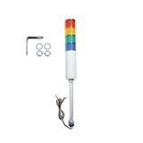 Four-color industrial signal light with mounting hardware; Red-Amber-Green-Blue on a white background.