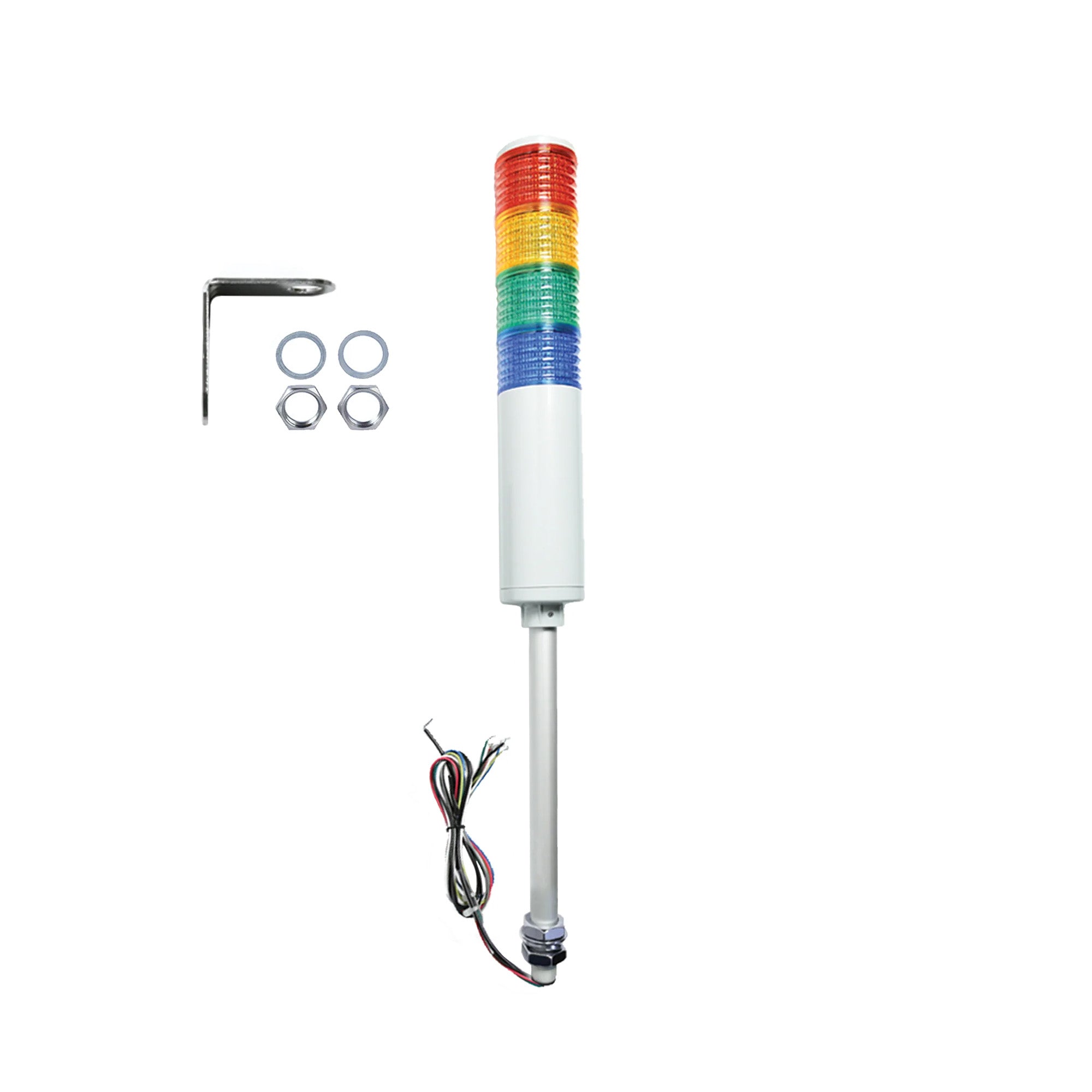 Four-color industrial signal light with mounting hardware; Red-Amber-Green-Blue on a white background.