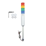 Five-color industrial signal light with mounting hardware; Red-Amber-Green-Blue-White on a white background.