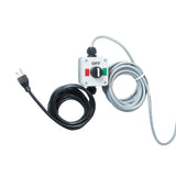 Grey control box with 3-position red/off/green switch with black power cord.