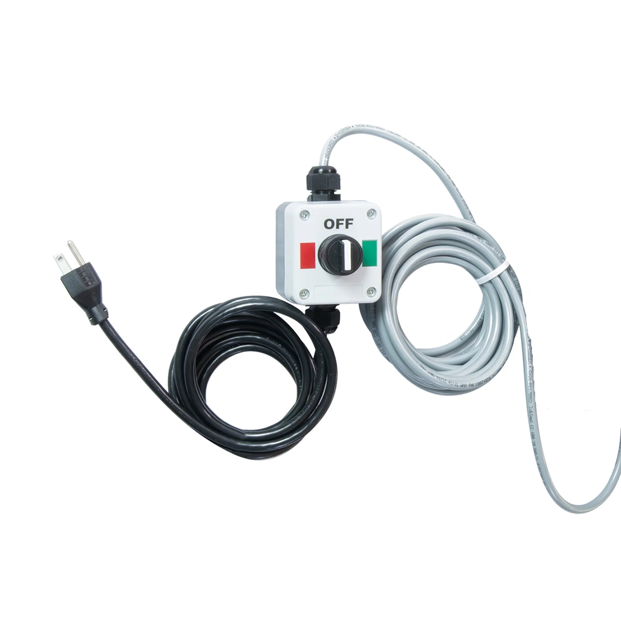 Grey control box with 3-position red/off/green switch with black power cord.