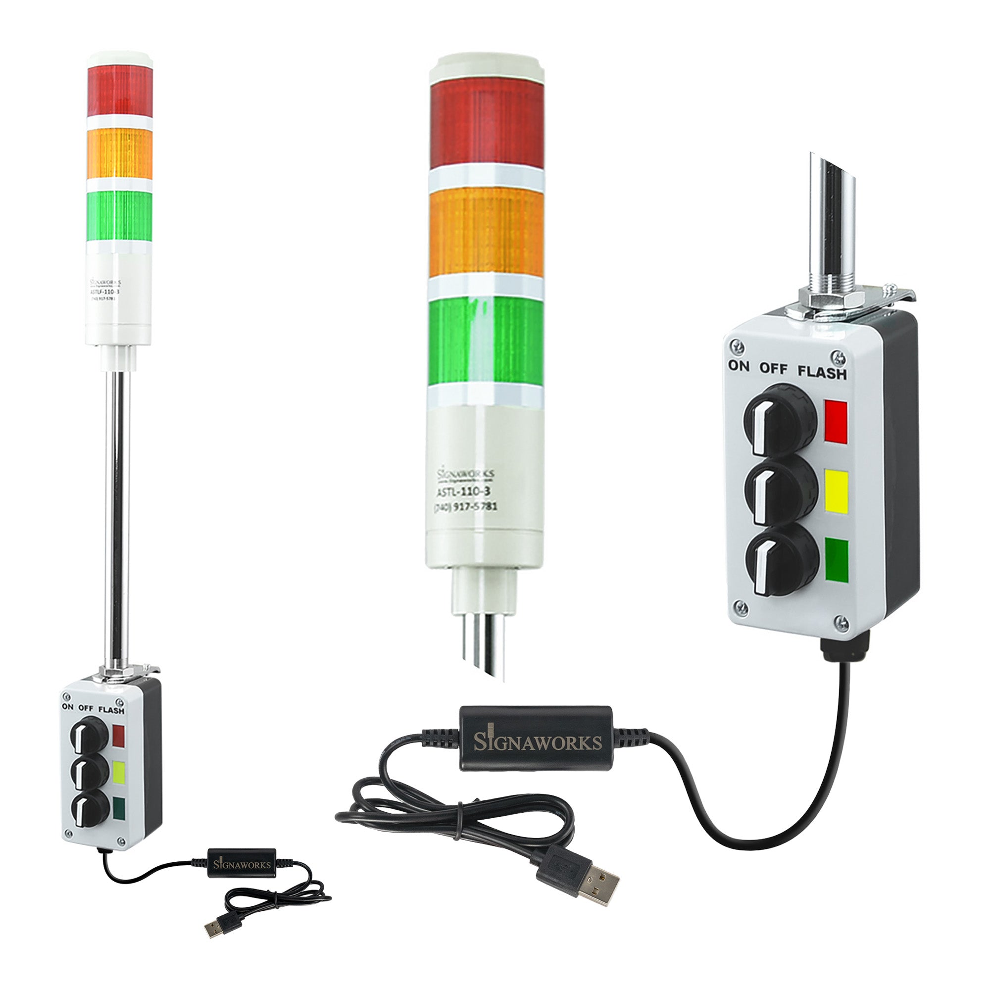 Three-color pole-mounted industrial signal light with 2-position selector switch and USB Cable; Red-Amber-Green on a white background.
