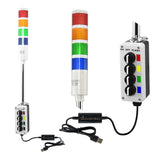 Four-color pole-mounted industrial signal with 2-position switch and USB  Cable on a white background; Red-Amber-Green-Blue.