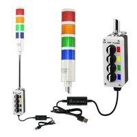 Four-color pole-mounted industrial signal with 2-position switch and USB  Cable on a white background; Red-Amber-Green-Blue.