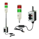 Two-color pole-mounted industrial signal with 2-position switch and USB cable on a white background; Red-Green.