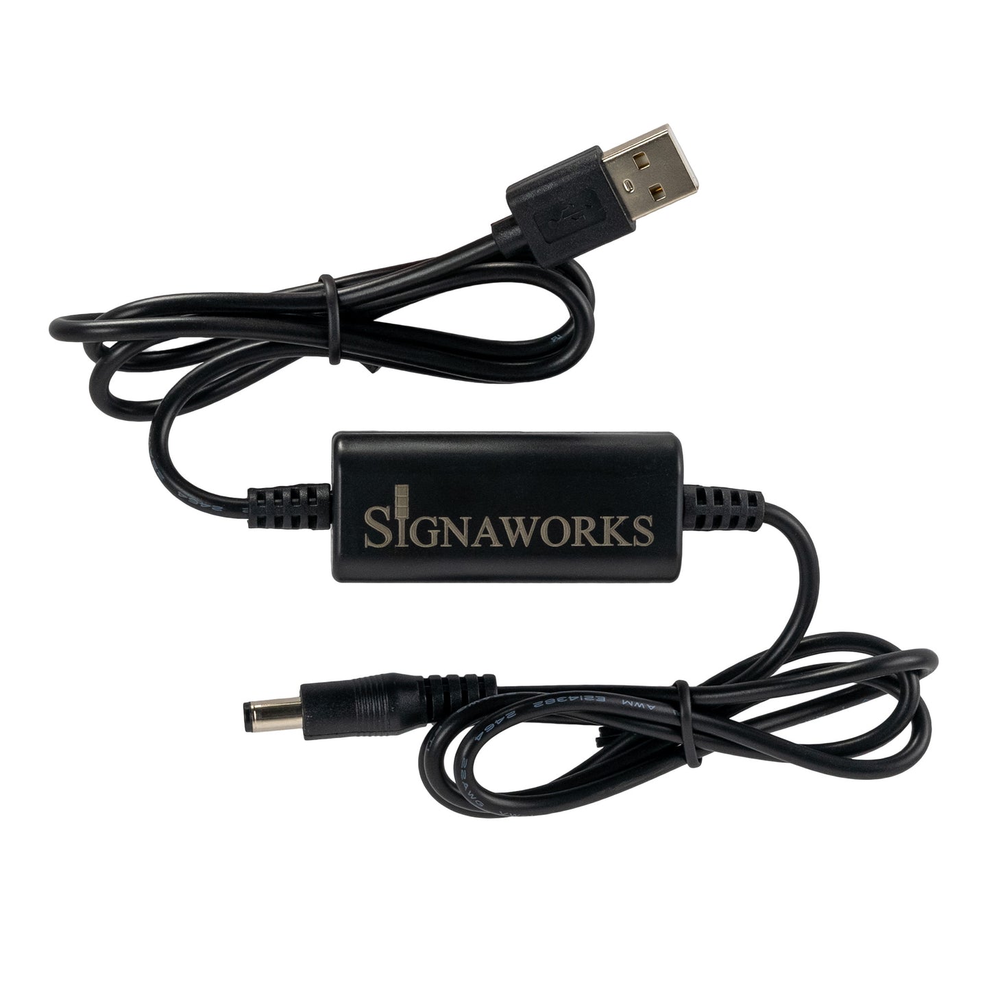 Black adapter with USB cable and power cord on a white background, featuring Signaworks branding.