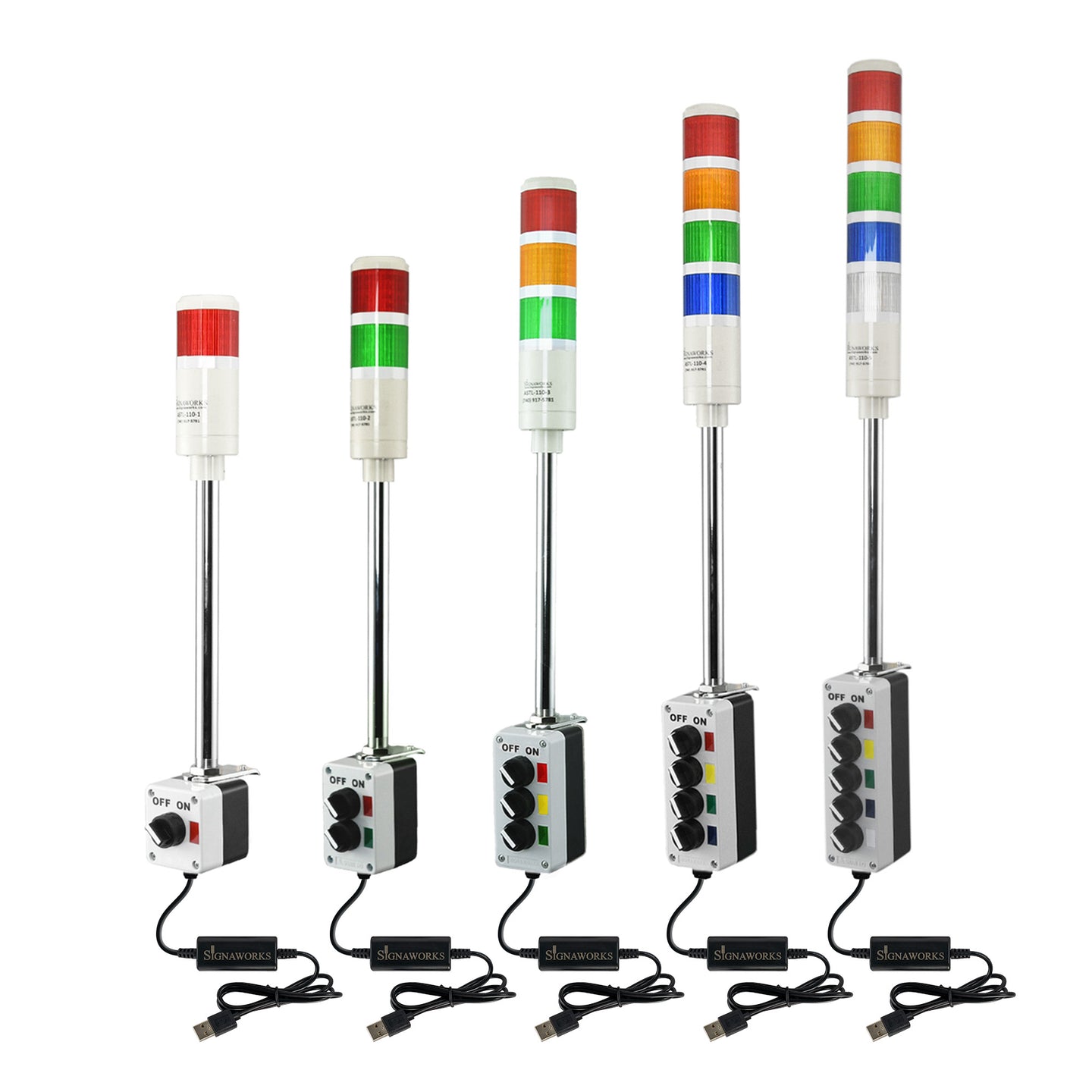 Collection of multicolored industrial signals with 2-position switches and USB cables on a white background
