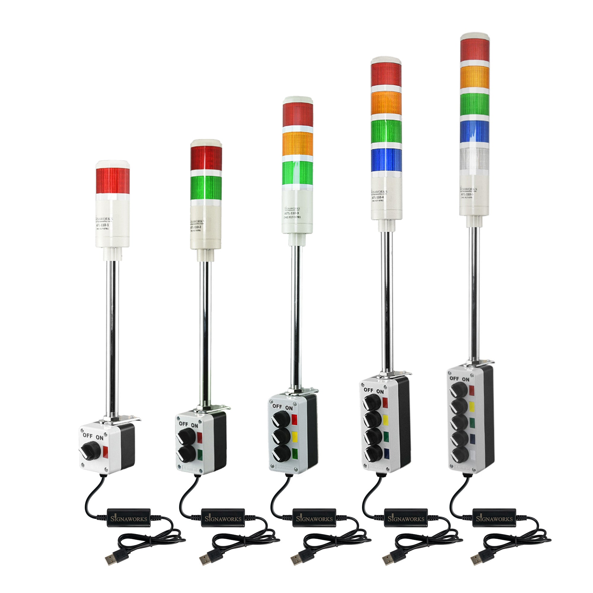 Collection of multicolored industrial signals with 2-position switches and USB cables on a white background