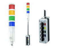 Five-color pole-mounted industrial signal light with 2-position switch; Red-Amber-Green-Blue-White box on a white background.