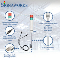 A graphic depicting the functions, buzzer pole, connections, polycarbonate prism lens, and mounting system over a industrial warehouse background.