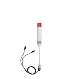 Red pole-mounted industrial signal light with USB cables exiting from the bottom right angle bracket on a white background