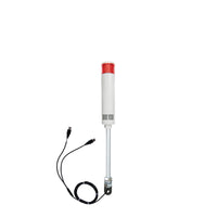 Red pole-mounted industrial signal light with USB cables exiting from the bottom right angle bracket on a white background