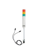 Three-color pole-mounted industrial signal light with USB cables exiting from the bottom right angle bracket; Red-Amber-Green on a white background.