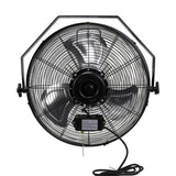 A black 18 inch shop fan with a metal guard and a power cord.