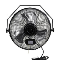 A black 18 inch shop fan with a metal guard and a power cord.