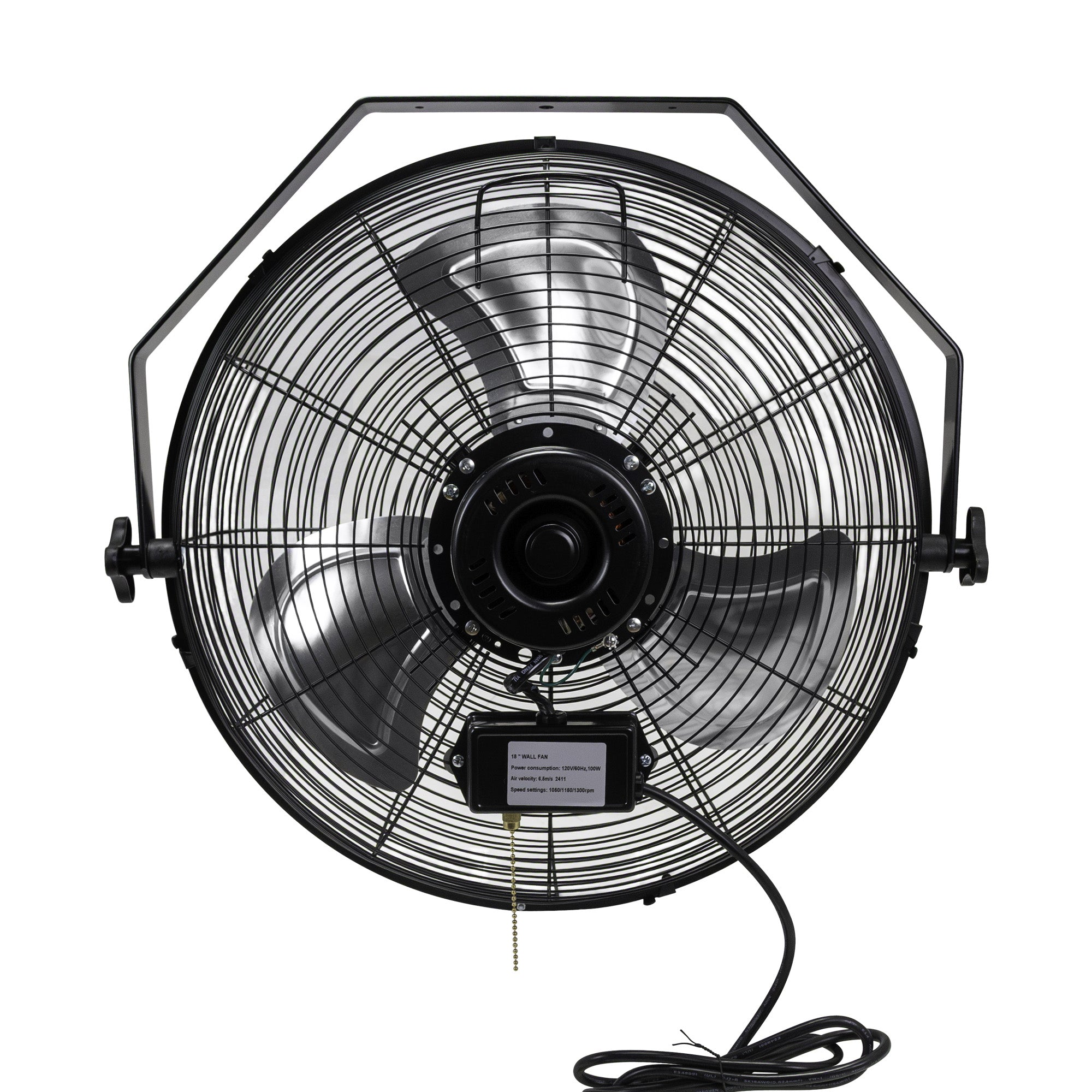 A black 18 inch shop fan with a metal guard and a power cord.