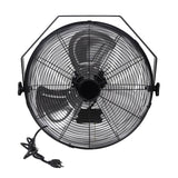 A black 18 inch shop fan with a metal guard and a power cord.
