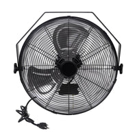 A black 18 inch shop fan with a metal guard and a power cord.