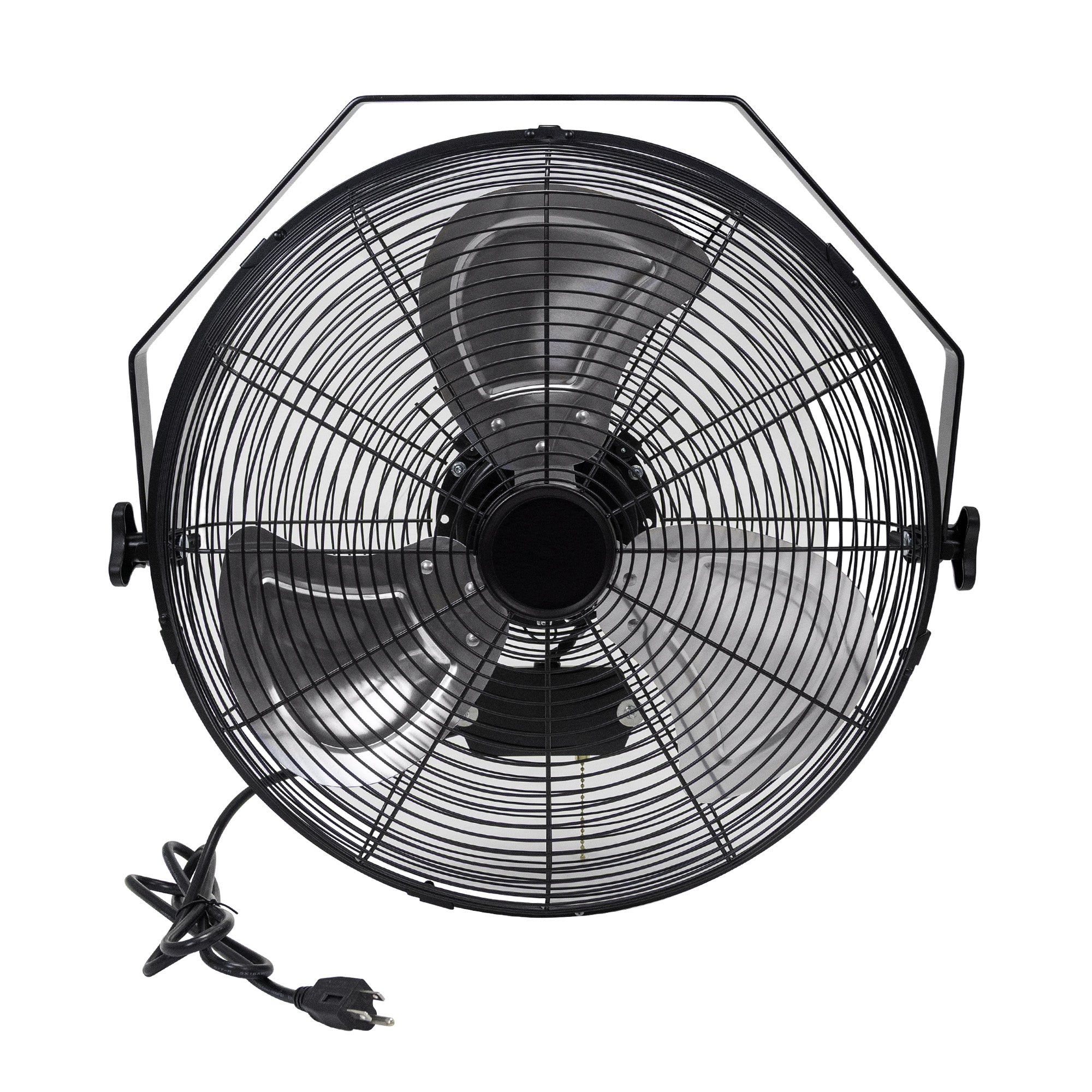 A black 18 inch shop fan with a metal guard and a power cord.