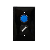 An black rectangular wall plate with a blue pilot light and a black rotary dial.