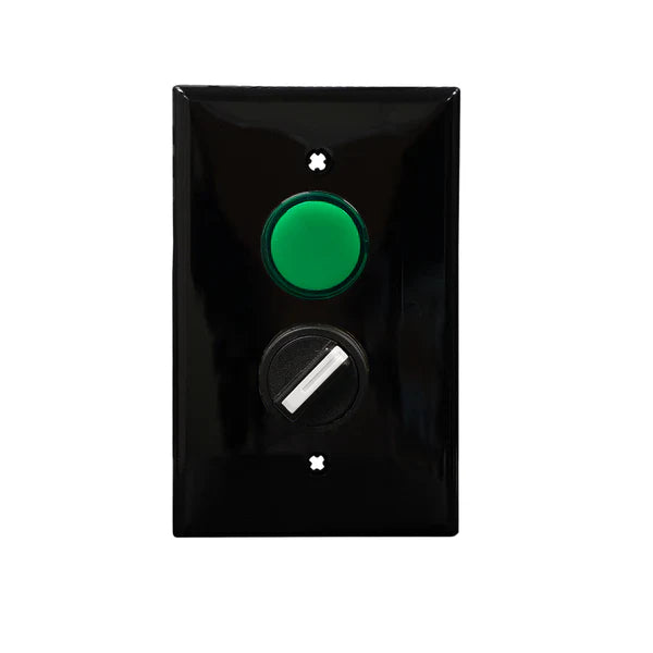 An black rectangular wall plate with a green pilot light and a black rotary dial.