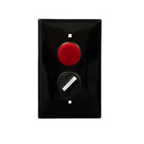 An black rectangular wall plate with a red pilot light and a black rotary dial.