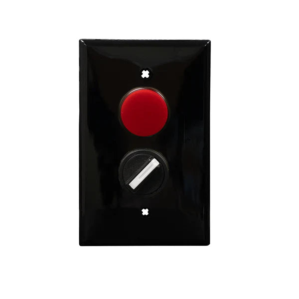 An black rectangular wall plate with a red pilot light and a black rotary dial.