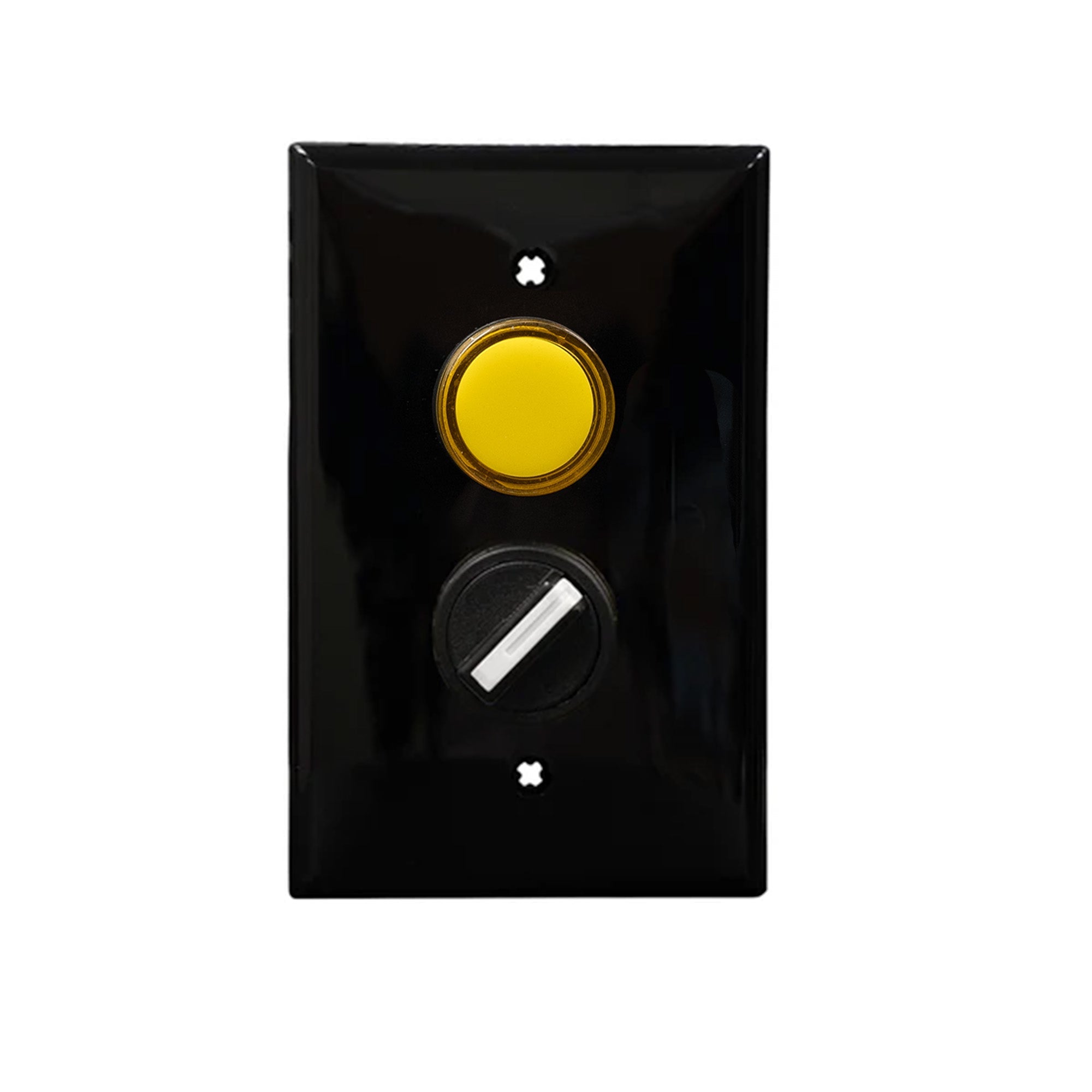 An black rectangular wall plate with a yellow pilot light and a black rotary dial.