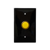 Black wall plate with yellow LED pilot lights mounted on a white background.