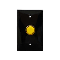 Black wall plate with yellow LED pilot lights mounted on a white background.