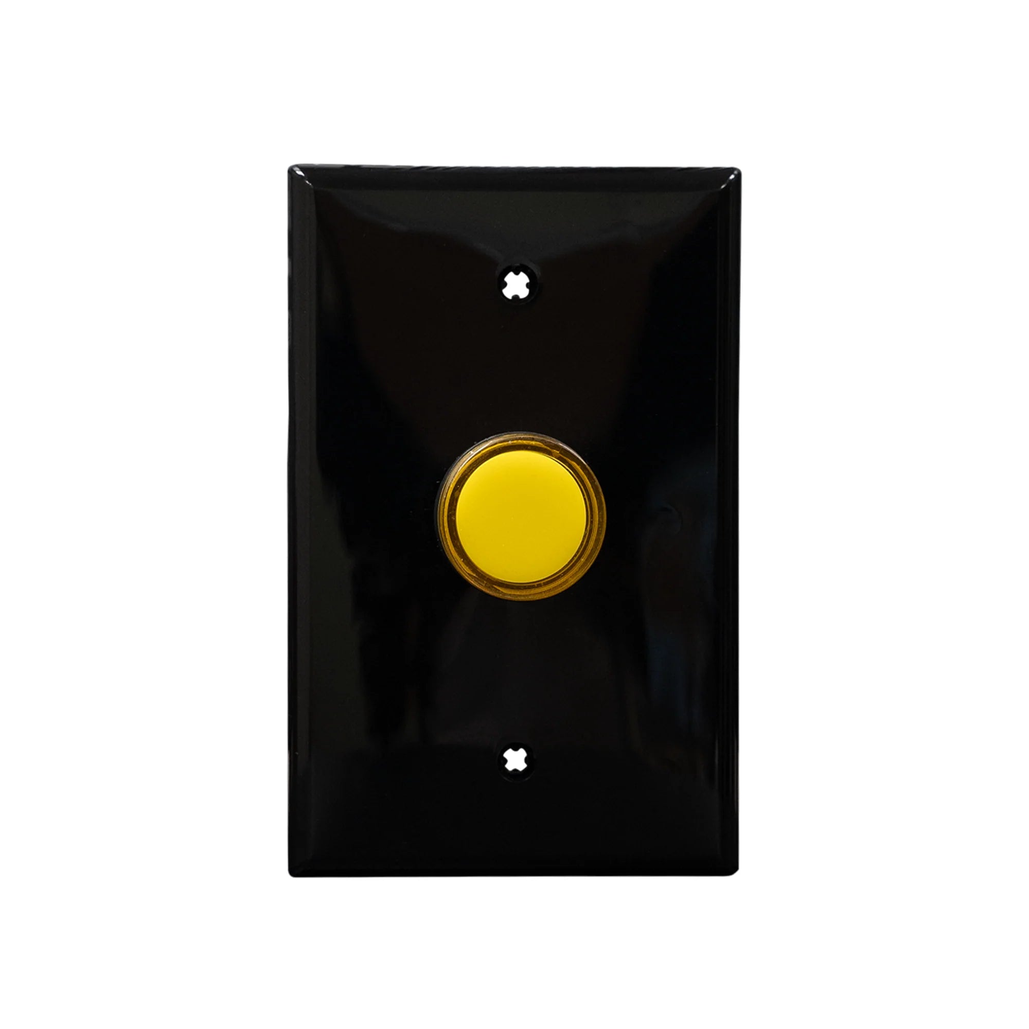 Black wall plate with yellow LED pilot lights mounted on a white background.