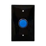 Black wall plate with blue LED pilot lights mounted on a white background.