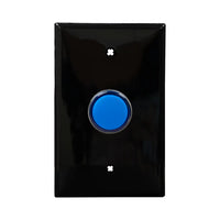 Black wall plate with blue LED pilot lights mounted on a white background.