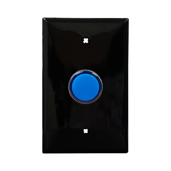 Black wall plate with blue LED pilot lights mounted on a white background.
