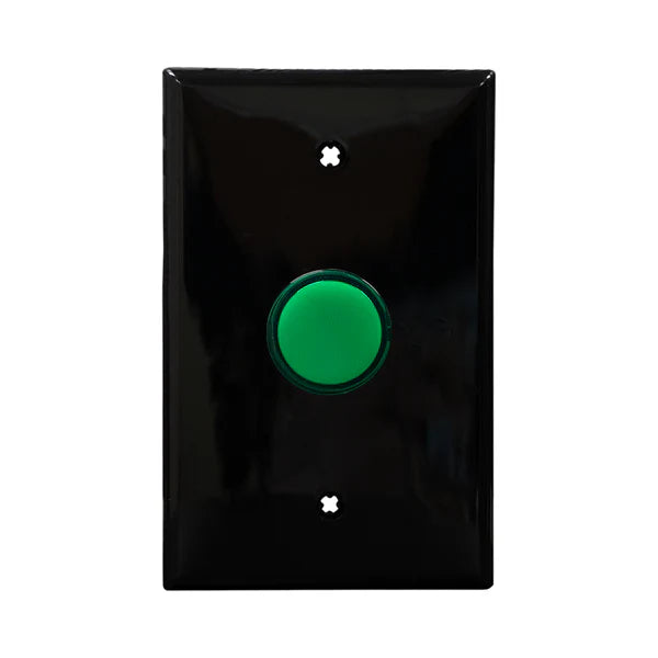 Black wall plate with green LED pilot lights mounted on a white background.