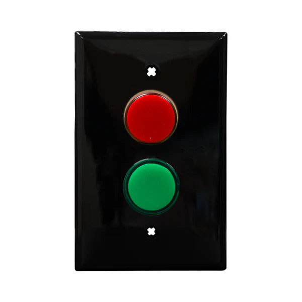 Black wall plate with red and green dual LED pilot lights mounted on a white background.